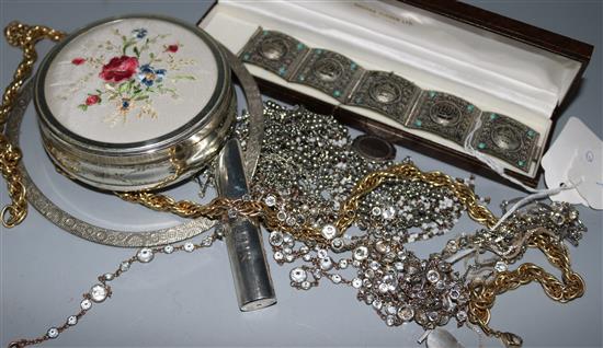 Engraved silver bangle and a small collection of silver and costume jewellery(-)